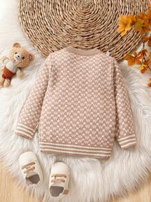 Em bé ( Con trai ) Lá thư Họa tiết Hình học Áo len Mở - Màu Khaki - Xem 2