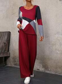 EMERY ROSE 女士色塊t恤和褲子套裝 - 紅色 - 查看 1