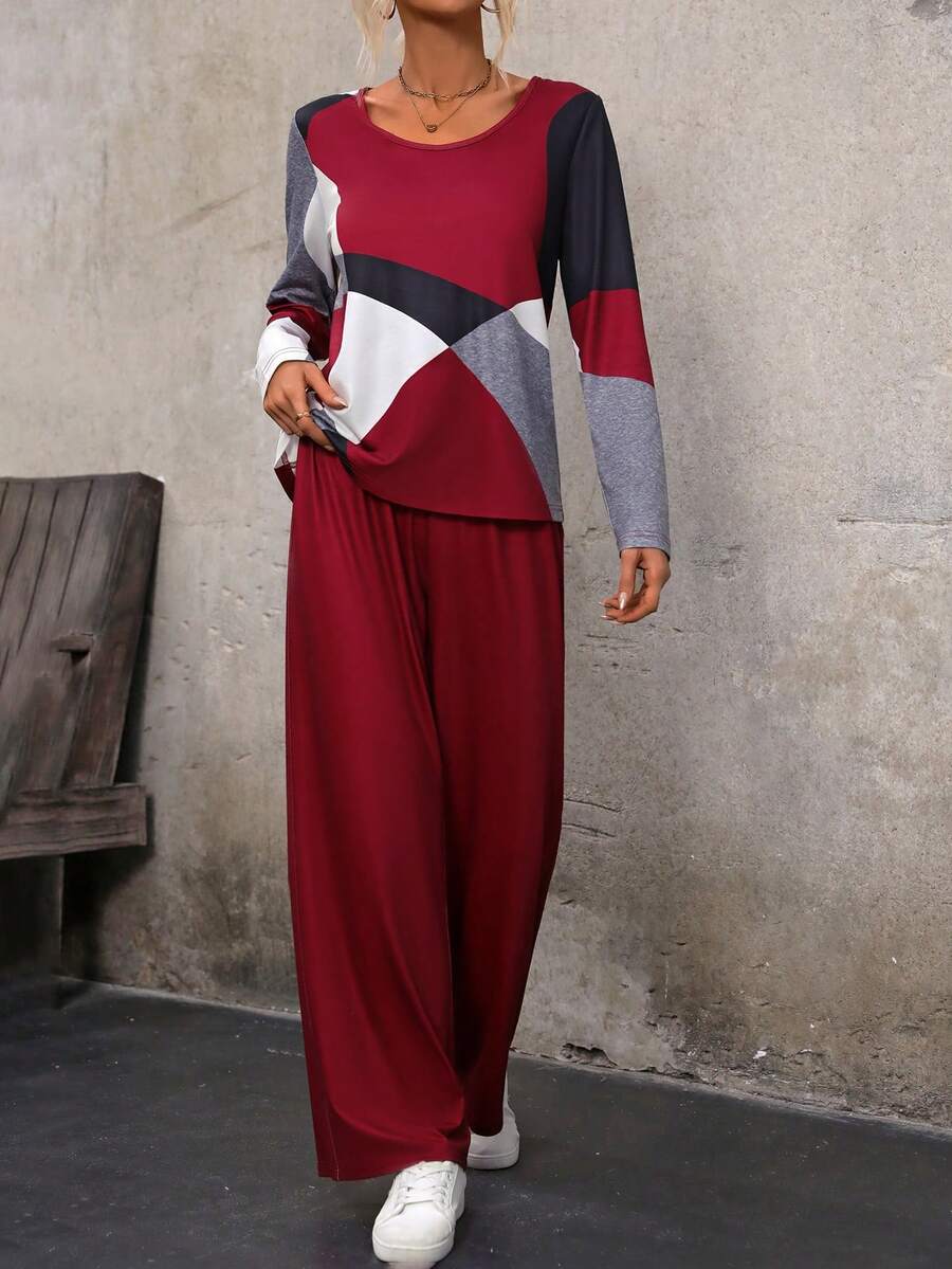 EMERY ROSE 女士色塊t恤和褲子套裝 - 紅色 - 查看 1