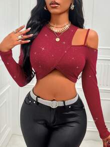 Zolique 女士闪亮不对称肩部短款上衣 - 黑色 - 查看 5