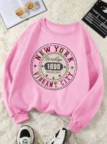 SHEIN EZwear Plus Size Women's Thermal Lined Letter Print Sweatshirt - Pink - View 1