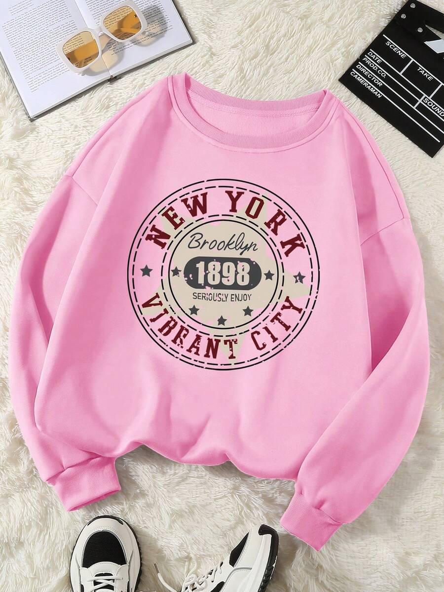 SHEIN EZwear Plus Size Women's Thermal Lined Letter Print Sweatshirt - Pink - View 1