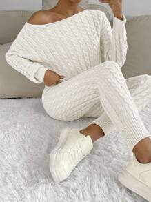 SHEIN Essnce Women' Solid Color Cable Knit Sweater 2pcs Set - White - View 1