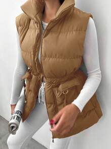 EURMUSE Zip Up Flap Pocket Vest Padded Coat - Camel - View 5