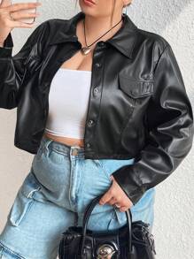 Flirla Women's Plus Size Pu Leather Flap Detail Button Front Jacket - Black - View 1