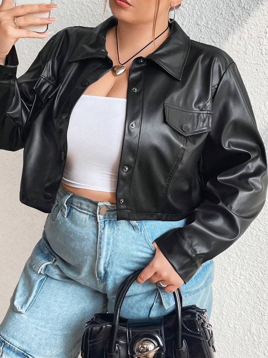 Flirla Women's Plus Size Pu Leather Flap Detail Button Front Jacket - Black - View 1