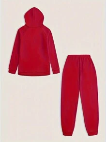 INAWLY Women's Letter Print Hoodie And Pants Set, Ladies Spring/Fall Casual Drawstring, Pocket Extra-Long Sleeve Regular Fit Red Raglan Sleeve Sweatshirt Sweatpants Women Two-Piece Outfits, Casual Daily Wear - Red - View 2