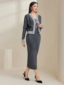 Modelyn Colorblock Button Detail Sweater Dress And Cardigan - Multicolor - View 3