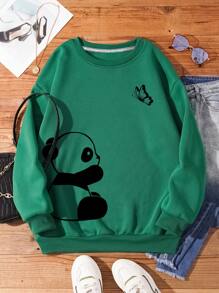 SHEIN EZwear 大尺碼女熊貓印花純色圓領套頭衫 - 綠色 - 查看 1