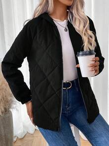 EMERY ROSE Abrigo acolchado con capucha unicolor para mujer en invierno - Negro - Ver 3