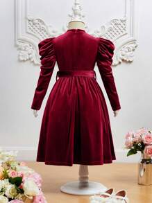 SHEIN 少女緊身天鵝絨裙,配有羊肉袖和豐富的珠子點綴 - 酒紅色 - 查看 6