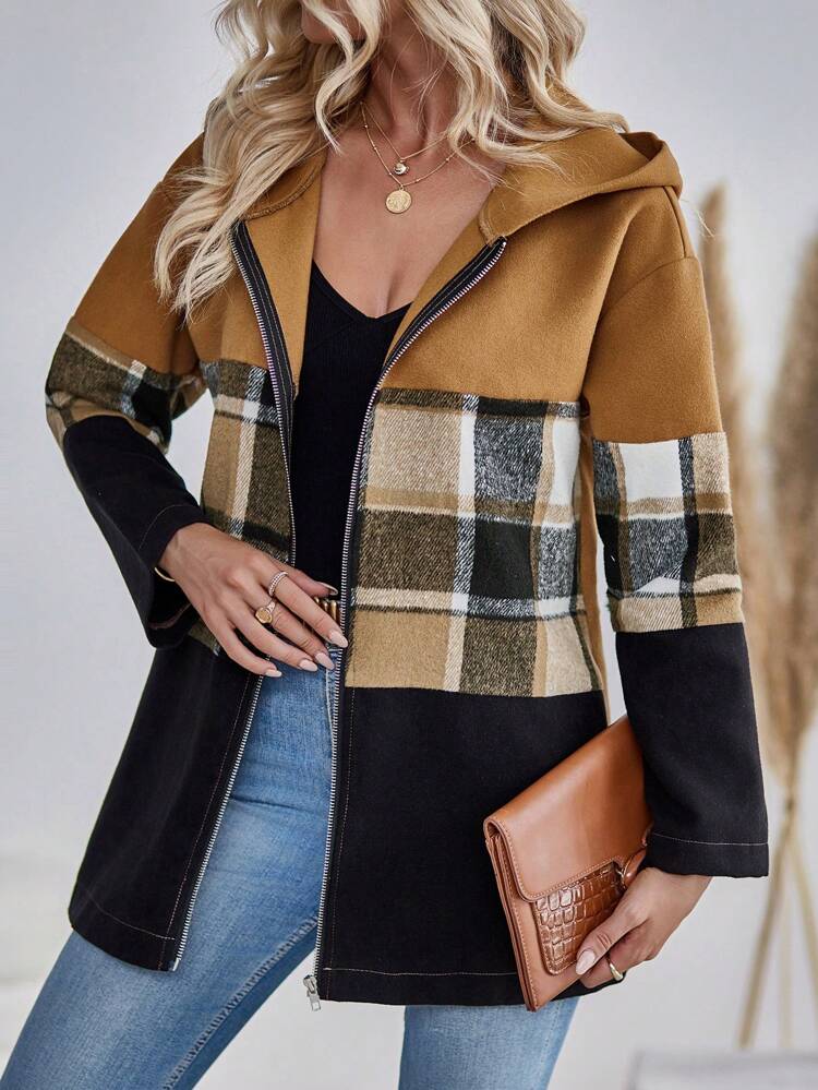 Ladies' Plaid Hooded Woolen Jacket Fall Cloth For Women