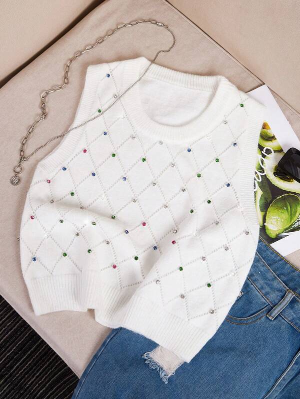 Zolique Sleeveless Sweater Vest With Rhinestone Decoration