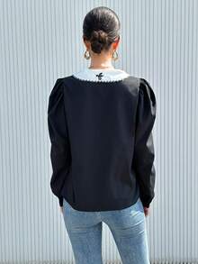 SHEIN Privé Flower Embroidery Bubble Sleeve Shirt With Patchwork Collar - Black - View 2
