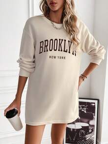 SHEIN EZwear Women's Letter Print Drop Shoulder Sweatshirt - Khaki - View 5