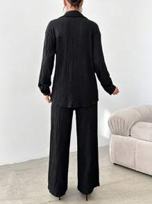 EURMUSE Women's Two Piece Silk-like Blouse And Pants Set - Black - View 2