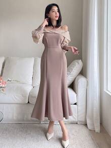Dazy Star Khối màu Off-shoulder Tay áo Đuôi cá Hem Đầm - Màu be - Xem 8