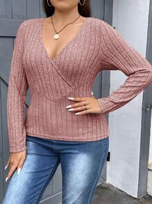 SHEIN Essnce Plus Size Solid Color V-neck Long Sleeve T-shirt - Pink - View 5