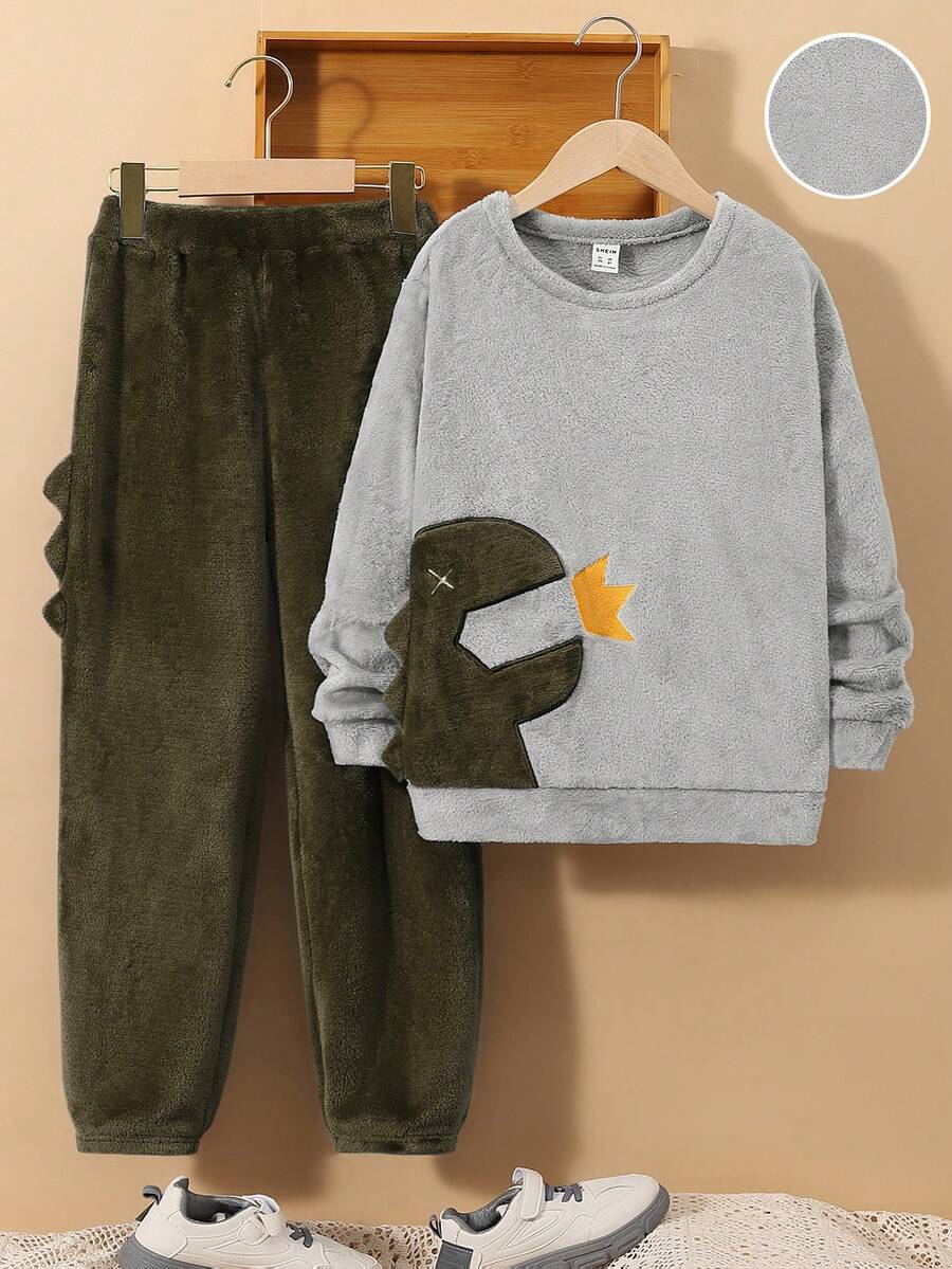 SHEIN Con trai Sang trọng Đồ họa khủng long Bộ mặc nhà - màu xanh lá - Xem 1