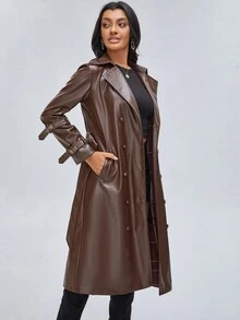 CHEYENNE SAHARA Đôi ngực Thắt lưng chất liệu da PU Áo khoác Trench - màu nâu - Xem 3