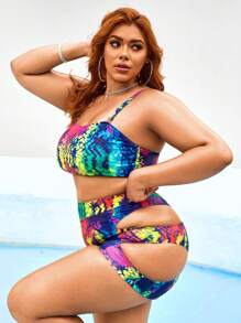 Swim SXY 夏季海滩大码镂空扎染比基尼套装 - 彩色 - 查看 5