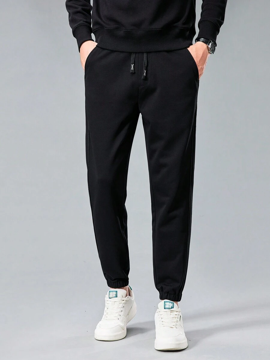 男式休闲纯色抽绳腰慢跑裤 - 黑色 - 查看 1