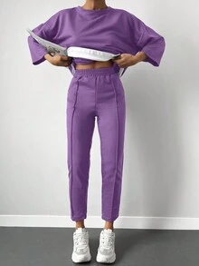 Cottnline 2 piezas Conjunto casual para mujer: Camiseta de manga 3/4 con cuello redondo y hombros caídos en color contrastante y pantalones - Morado - Ver 6