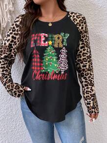 SHEIN LUNE Plus Christmas Tree & Slogan Graphic Raglan Sleeve Tee - Multicolor - View 4