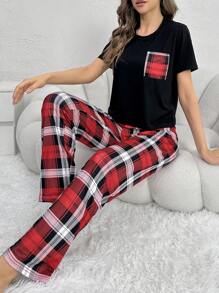 女士格紋拼接睡衣套裝 - 黑色 - 查看 4