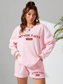 SHEIN EZwear Ladies' Letter Print Drop Shoulder Sweatshirt And Shorts Two-piece Set - Pink - View 4