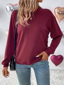 SHEIN LUNE 純色鈕釦細節開肩運動衫 - 酒紅色 - 查看 5