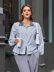 SHEIN Essnce 大尺寸女士條紋和花卉印花拉鍊v領燈籠袖襯衫