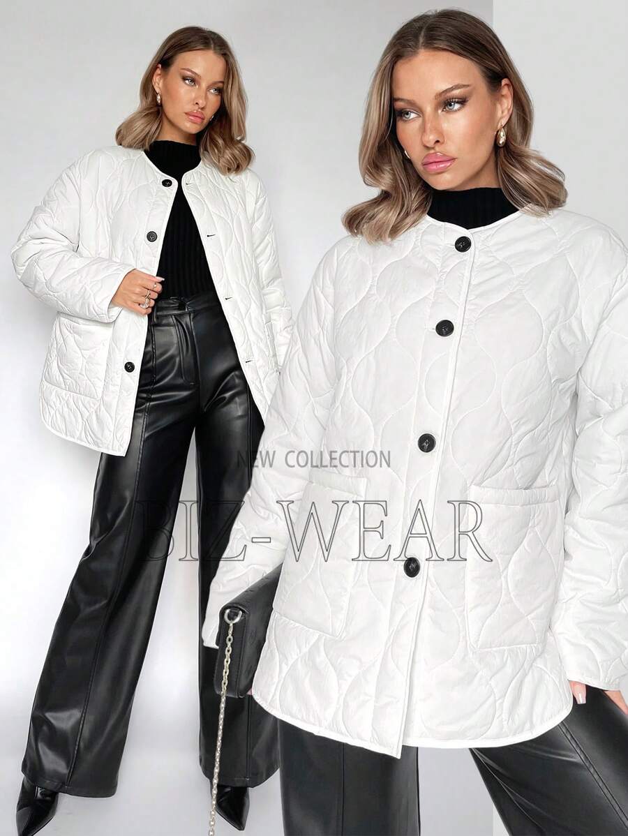 BizChic Của phụ nữ Mặt trước Có nút Áo khoác bông - trắng - Xem 1