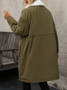 SHEIN LUNE Women's Drawstring Waist Long Padded Padded Coat Clothes Winter With Collar Fall Cloth For Women - Army Green - View 2