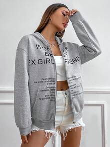 SHEIN Unity Sudadera Con Capucha Y Cremallera Con Patrón En Inglés - Gris Claro - Ver 4
