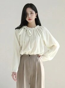 DAZY 纯色女士衬衫，带领带，长袖 - 白色 - 查看 1