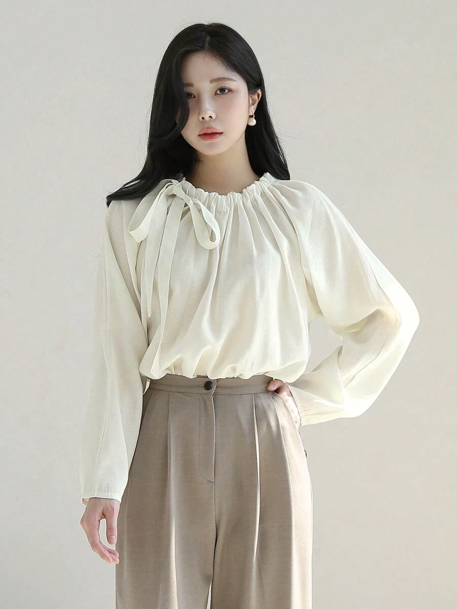 DAZY 纯色女士衬衫，带领带，长袖 - 白色 - 查看 1