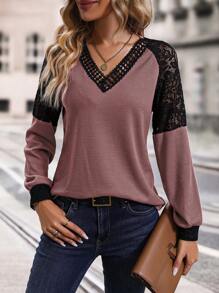 EMERY ROSE Women's Lace Overlay Raglan Sleeve T-Shirt With Shoulder Insertion Graphic Tees Women Tops - Pink - View 1