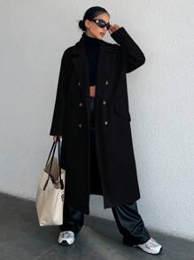 EURMUSE 女士雙排扣長毛呢外套 - 黑色 - 查看 5