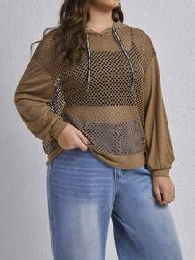 SHEIN EZwear Áo nỉ dáng rộng vai rớt có dây rút - Màu Khaki - Xem 4