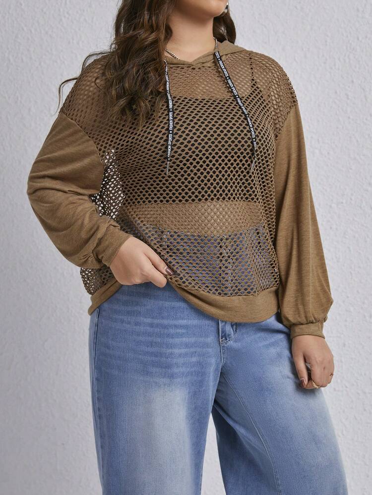 SHEIN EZwear Áo nỉ dáng rộng vai rớt có dây rút - Màu Khaki - Xem 4