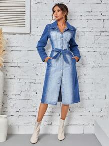 SHEIN Privé Damen-jeanshemdkleid Mit Gürtel - Mittele Waschung - Übersicht 3