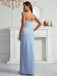 SHEIN Belle Ladies' Lace Patchwork Spaghetti Strap Bridesmaid Dress - Blue - View 2