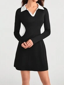 Tennis Casual Women's Spring And Autumn New Contrast Color Stretchy Dress That Shows Elegant And High Sense - Black and White - View 3