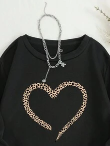 SHEIN LUNE 豹紋心形圓領運動衫 - 黑色 - 查看 3