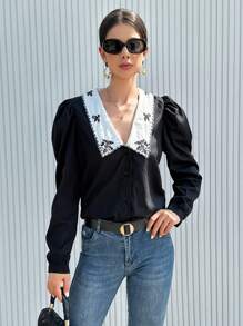 SHEIN Privé Flower Embroidery Bubble Sleeve Shirt With Patchwork Collar - Black - View 1