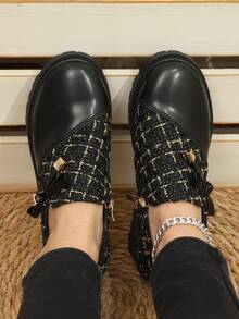 秋冬新品格子拼花蝴蝶結女式正裝鞋厚底高跟復古樂福鞋 - 黑色 - 查看 5