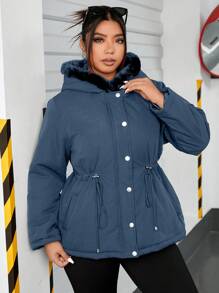 SHEIN EZwear 大码女式夹棉大衣，带毛领和拉链 - 淺藍色 - 查看 5