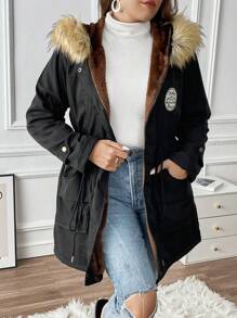 Calvaya Plus Patched Detail Ściągacz w pasie Fuzzy Trim Kaptur Parka Pikowana kurtka Ubrania zimowe termiczne - Czarne - Zobacz 5