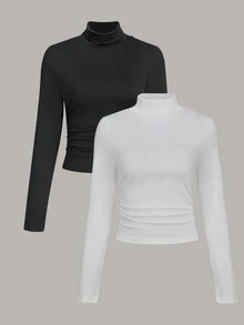 SHEIN Unity 2 Miếng Chất rắn Cổ cao Áo thun - Nhiều màu - Xem 3